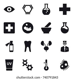 16 vector icon set : eye, hex molecule, round flask, uv cream, thermometer, microb