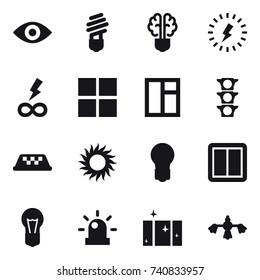 16 vector icon set : eye, bulb, bulb brain, lightning, infinity power, window, taxi, sun, power switch, clean  window, hard reach place cleaning