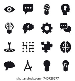 16 vector icon set : eye, message, bulb, bulb head, bulb brain, brain, gear, discussion, target, chip, puzzle, draw compass