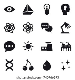 16 vector icon set : eye, boat, bulb, bulb head, atom, discussion, table lamp, ballon, sun, cherry, drop, shining