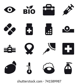 16 vector icon set : eye, bio, first aid, thermometer, soap, liquid soap
