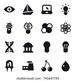 16 vector icon set : eye, boat, notebook, bulb, bulb brain, atom core, atom, dna, government house, cherry, drop