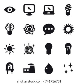 16 Vector Icon Set : Eye, Monitor Arrow, Notebook, Bulb, Bulb Brain, Atom, Ballon, Sun, Disco Ball, Drop, Shining