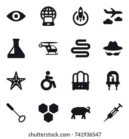 16 vector icon set : eye, notebook globe, rocket, journey, starfish, invalid, dresser, whisk, honeycombs, sheep, syringe