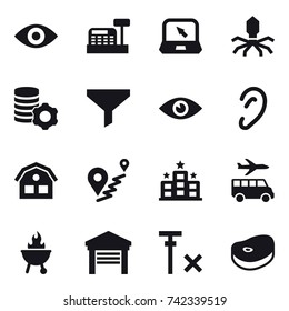 16 vector icon set : eye, cashbox, notebook, virus, virtual mining, funnel, house, hotel, transfer, bbq, garage