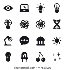 16 vector icon set : eye, notebook, bulb, bulb brain, atom, dna, table lamp, ballon, goverment house, sun, cherry, shining