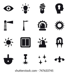 16 vector icon set : eye, bulb, bulb head, lighthouse, outdoor light, sun, power switch, alarm, shining, hard reach place cleaning