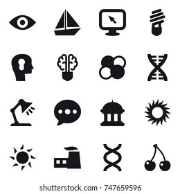 16 vector icon set : eye, boat, monitor arrow, bulb, bulb head, bulb brain, atom core, dna, table lamp, ballon, goverment house, sun, cherry