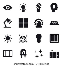 16 vector icon set : eye, bulb, bulb head, table lamp, window, taxi, sun, disco ball, power switch, shining, clean  window