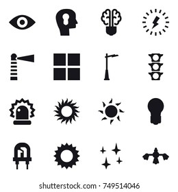 16 vector icon set : eye, bulb head, bulb brain, lightning, lighthouse, window, outdoor light, sun, bulb, shining, hard reach place cleaning