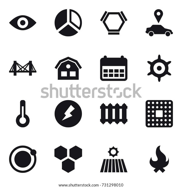 16 vector icon set : eye, diagram, hex\
molecule, car pointer, bridge, house, handwheel, thermometer,\
electricity, radiator, honeycombs, field,\
fire