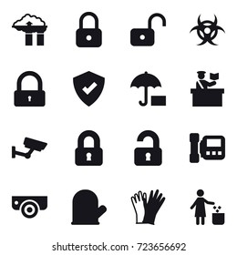 16 vector icon set : factory filter, lock, unlock, lock, inspector, surveillance, locked, unlocked, intercome, surveillance camera, cook glove, gloves, garbage bin