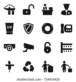 16 vector icon set : factory filter, unlock, uv cream, shield, lifebuoy, intercome, surveillance camera, watering, scarecrow, recycling, garbage bin