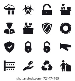 16 vector icon set : factory filter, unlock, inspector, shield, lifebuoy, cook glove, watering, hand leaf, recycling, garbage bin