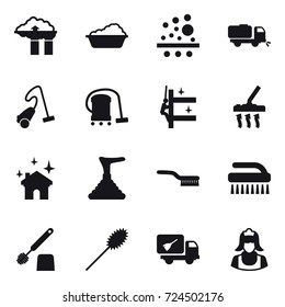 16 vector icon set : factory filter, washing, sweeper, vacuum cleaner, skyscrapers cleaning, house cleaning, plunger, brush, toilet brush, duster, home call cleaning, cleaner