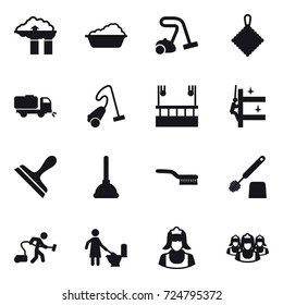 16 vector icon set : factory filter, washing, vacuum cleaner, rag, sweeper, skyscapers cleaning, skyscrapers cleaning, scraper, plunger, brush, toilet brush, toilet cleaning, cleaner, outsource