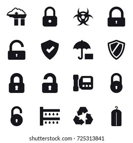 16 vector icon set : factory filter, lock, unlock, shield, locked, unlocked, intercome, watering, recycling, dry wash