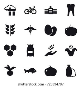16 vector icon set : factory filter, bike, honeycombs, flour, harvest, corn, beet, fish, tomato, shampoo