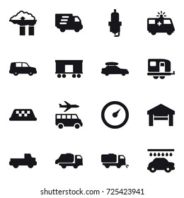 16 vector icon set : factory filter, delivery, spark plug, car baggage, trailer, taxi, transfer, barometer, garage, pickup, trash truck, sweeper, car wash