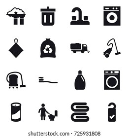 16 vector icon set : factory filter, bin, water tap, washing machine, rag, garbage bag, sweeper, vacuum cleaner, tooth brush, cleanser, cleanser powder, toilet cleaning, stack of towels