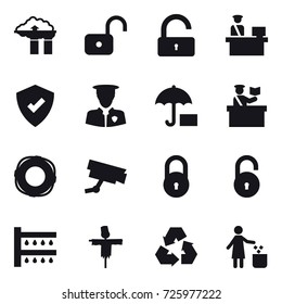 16 vector icon set : factory filter, unlock, inspector, lifebuoy, watering, scarecrow, recycling, garbage bin