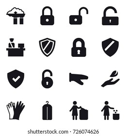16 vector icon set : factory filter, lock, unlock, shield, locked, cook glove, hand leaf, gloves, dry wash, garbage bin
