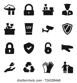 16 vector icon set : factory filter, lock, inspector, uv cream, surveillance, shield, locked, cook glove, hand leaf, recycling, gloves, garbage bin