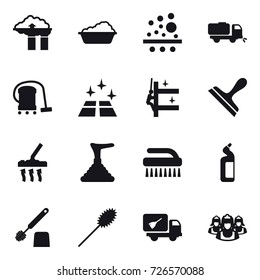 16 vector icon set : factory filter, washing, sweeper, vacuum cleaner, clean floor, skyscrapers cleaning, scraper, plunger, brush, toilet cleanser, toilet brush, duster, home call cleaning