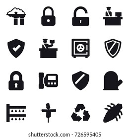 16 vector icon set : factory filter, lock, unlock, inspector, safe, shield, locked, intercome, cook glove, watering, scarecrow, recycling, bug