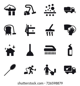 16 vector icon set : factory filter, vacuum cleaner, sweeper, skyscrapers cleaning, wiping, house cleaning, plunger, brush, toilet cleanser, duster, toilet cleaning, home call cleaning