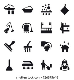 16 vector icon set : factory filter, washing, rag, vacuum cleaner, skyscapers cleaning, skyscrapers cleaning, scraper, wiping, house cleaning, plunger, brush, toilet cleaning, cleaner