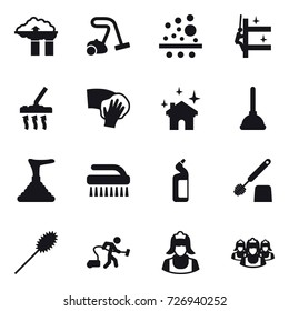 16 vector icon set : factory filter, vacuum cleaner, skyscrapers cleaning, wiping, house cleaning, plunger, brush, toilet cleanser, toilet brush, duster, cleaner, outsource