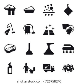 16 vector icon set : factory filter, washing, rag, vacuum cleaner, clean floor, wiping, sponge with foam, plunger, brush, toilet cleanser, toilet cleaning, home call cleaning, outsource