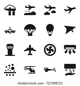 16 vector icon set : factory filter, weather management, journey, air ballon, deltaplane, airport tower, airplane, cooler fan, air conditioning, blower, hand dryer