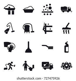 16 vector icon set : factory filter, washing, sweeper, vacuum cleaner, skyscrapers cleaning, wiping, plunger, brush, toilet cleanser, toilet cleaning, home call cleaning, outsource