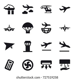 16 vector icon set : factory filter, journey, plane, deltaplane, airport tower, departure, arrival, inflatable mattress, cooler fan, air conditioning, hand dryer