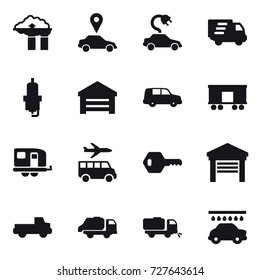 16 vector icon set : factory filter, car pointer, electric car, delivery, spark plug, garage, trailer, transfer, key, pickup, trash truck, sweeper, car wash