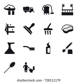 16 vector icon set : factory filter, sweeper, vacuum cleaner, skyscapers cleaning, skyscrapers cleaning, scraper, sponge with foam, plunger, brush, toilet cleanser, toilet brush, duster