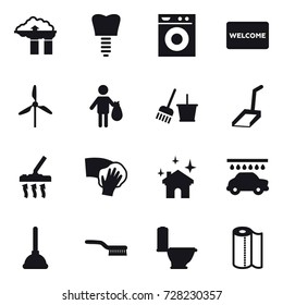 16 vector icon set : factory filter, washing machine, welcome mat, windmill, trash, bucket and broom, scoop, vacuum cleaner, wiping, house cleaning, car wash, plunger, brush, toilet, paper towel