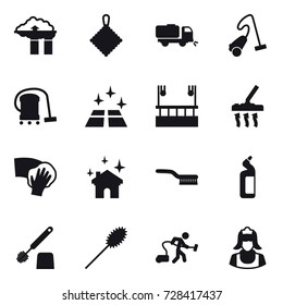 16 vector icon set : factory filter, rag, sweeper, vacuum cleaner, clean floor, skyscapers cleaning, wiping, house cleaning, brush, toilet cleanser, toilet brush, duster, cleaner