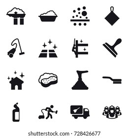 16 vector icon set : factory filter, washing, rag, vacuum cleaner, clean floor, skyscrapers cleaning, scraper, house cleaning, sponge with foam, plunger, brush, toilet cleanser, home call cleaning