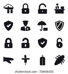 16 vector icon set : factory filter, lock, unlock, shield, locked, unlocked, cook glove, scarecrow, dry wash, bug