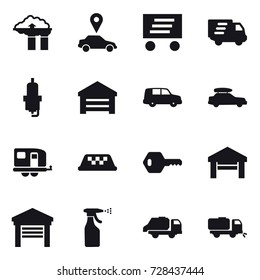16 vector icon set : factory filter, car pointer, delivery, spark plug, garage, car baggage, trailer, taxi, key, sprayer, trash truck, sweeper