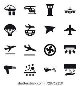 16 vector icon set : factory filter, airport tower, deltaplane, airplane, departure, arrival, cooler fan, air conditioning, hair dryer, blower, hand dryer