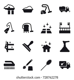 16 vector icon set : factory filter, washing, vacuum cleaner, sweeper, clean floor, skyscapers cleaning, skyscrapers cleaning, scraper, house cleaning, plunger, brush, toilet brush, duster
