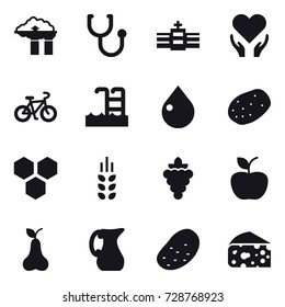 16 vector icon set : factory filter, bike, pool, drop, honeycombs, spikelets, grape, apple, pear, jug, potato, cheese