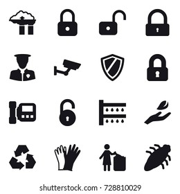 16 vector icon set : factory filter, lock, unlock, surveillance, shield, locked, intercome, watering, hand leaf, recycling, gloves, garbage bin, bug