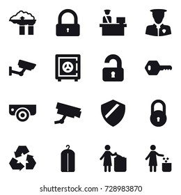 16 vector icon set : factory filter, lock, surveillance, safe, unlocked, key, surveillance camera, recycling, dry wash, garbage bin