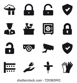 16 vector icon set : factory filter, lock, unlock, inspector, safe, locked, unlocked, surveillance camera, watering, hand leaf, scarecrow, gloves