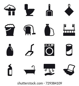 16 vector icon set : factory filter, toilet, scoop, rag, foam bucket, vacuum cleaner, shampoo, skyscapers cleaning, cleanser, washing machine, cleanser powder, toilet cleanser, bath, hand dryer